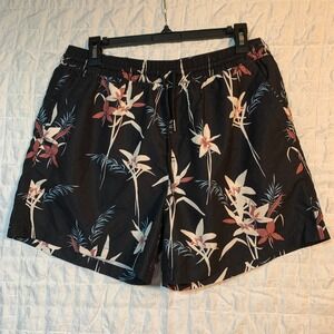7Diamonds Ocean Breeze Mens XL Swim Trunks Black Floral Tropical Mesh Lined 5"